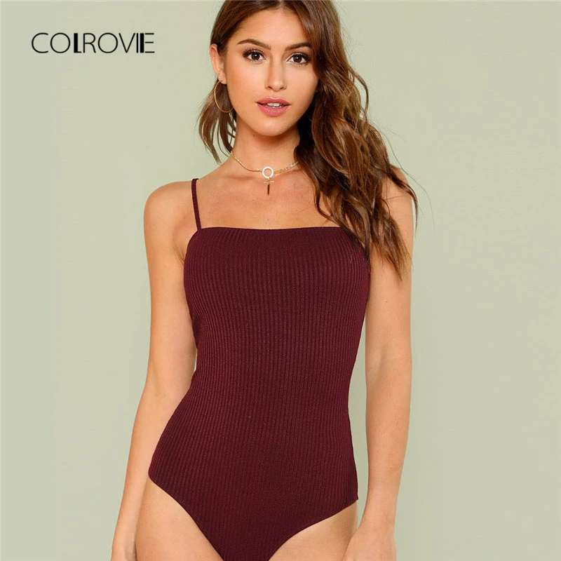 COLROVIE Black Knit Cami Sexy Bodysuit 2018 New Summer Spaghetti Strap Plain Clothing Burgundy Holiday Skinny Women Bodysuit