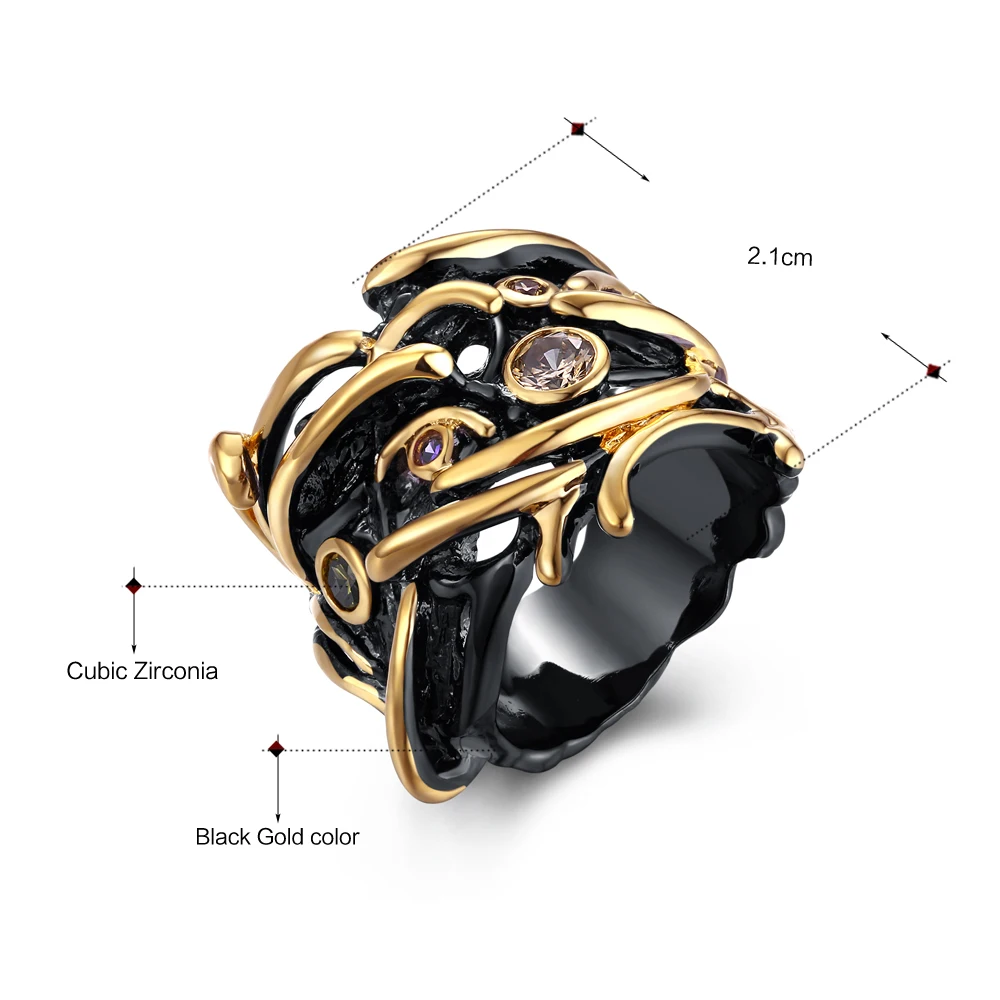 Trendy Hip Hop Ring for Women Teenage Unique Black& Gold Plated Cubic Zirconia Bezel Set Lead Free Street Fashion Movie Jewelry