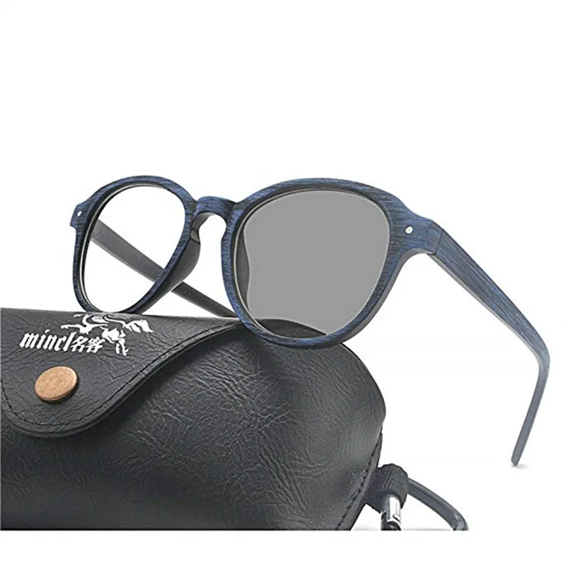 

MINCL/ 2019 retro round Sun photochromic men's Reading glasses wood grain myopia brand designer Diopter glasses FML