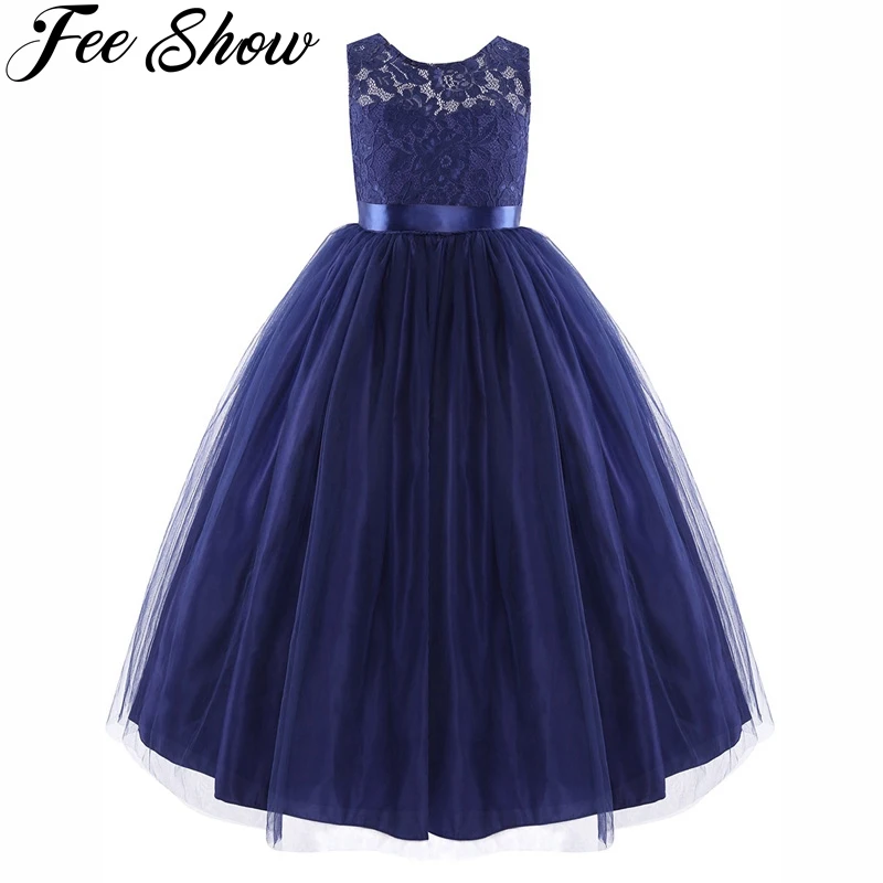 4-14Years Navy Blue Kids Girls Sleeveless Tulle Flower Girl Dress for Wedding Birthday Party High-end Evening Prom | Детская одежда и