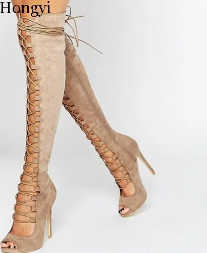 

Hongyi Luxury Black Taupe Suede Lace-up Strappy Over The Knee Boots Peep Toe Cut-out Gladiator Sandals Boots Women High Heels