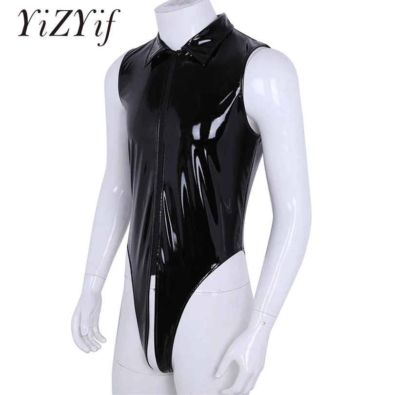 

YiZYiF Mens Bodysuit One-Piece Wet Look Faux Leather Body suit Gay Men Sleeveless Open Crotch Jumpsuit Bodysuit Lingerie For Men