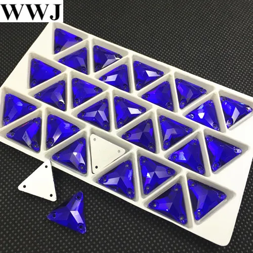 

New 30Pcs 16mm Cobalt Color Triangle Shape Glass Sew On Stone Flatback 3 Holes Sewing Rhinestones Jewelry Beads