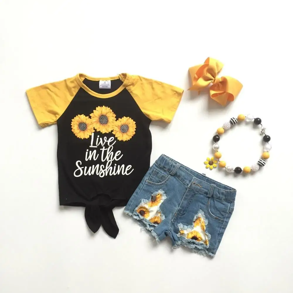 

summer baby girls children clothes outfits tie sunflower top denim shorts live in the sunshine cotton ruffles match accessories