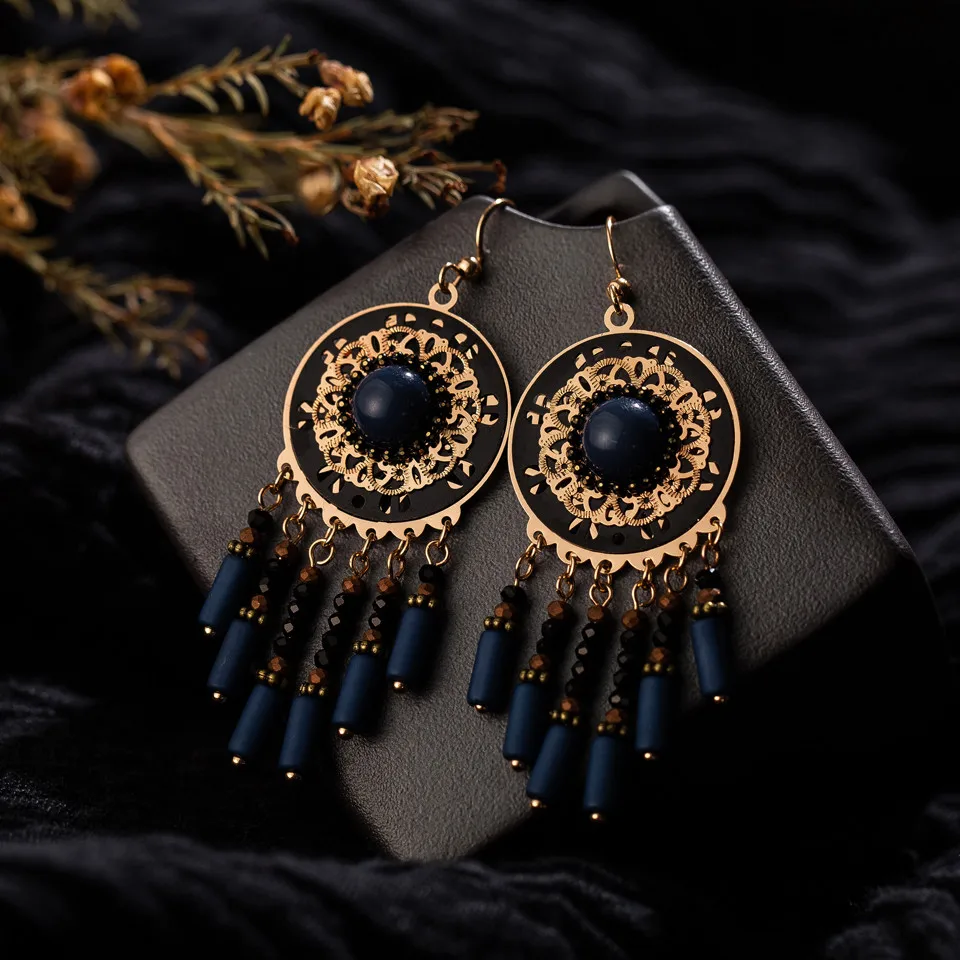 

Hot sell Water drop Bohemia Women's earring Statement Ethnic Hollow Round Bead Long tassel Earrings for women fashion Jewelry
