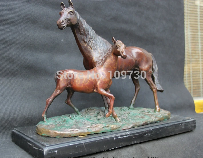 

p3120 17" Chinese Fengshui Bronze Zodiac Year Horse Mother Son marble base Art Statue