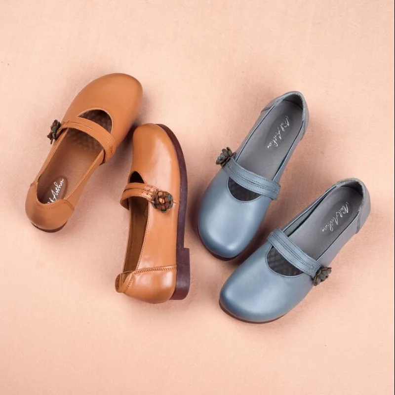 À Main Enceintes Rond Chaussures Femmes pu 2018 Fond Noir En Mary Véritable Automne Cuir Plates Rétro Ciel Appartements Bout La Mou Mère jaune Jane wfSqxzqP