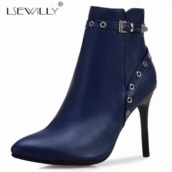 

Lsewilly larger size 34-50 woman ladies soft PU leather booties women's buckle strap zipper rivets thin high heels ankle boots