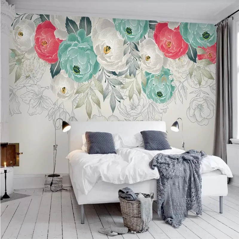 

Custom wallpaper murals rural style hand-painted peony simple TV background high-grade silk material