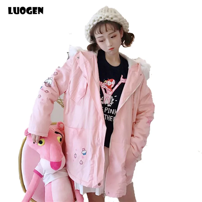 Kawaii зимняя женская толстовка розовая утепленная парка пальто с длинным рукавом Искусственный мех шапка кролик мультфильм узор Лолита Верхняя одежда Куртка
