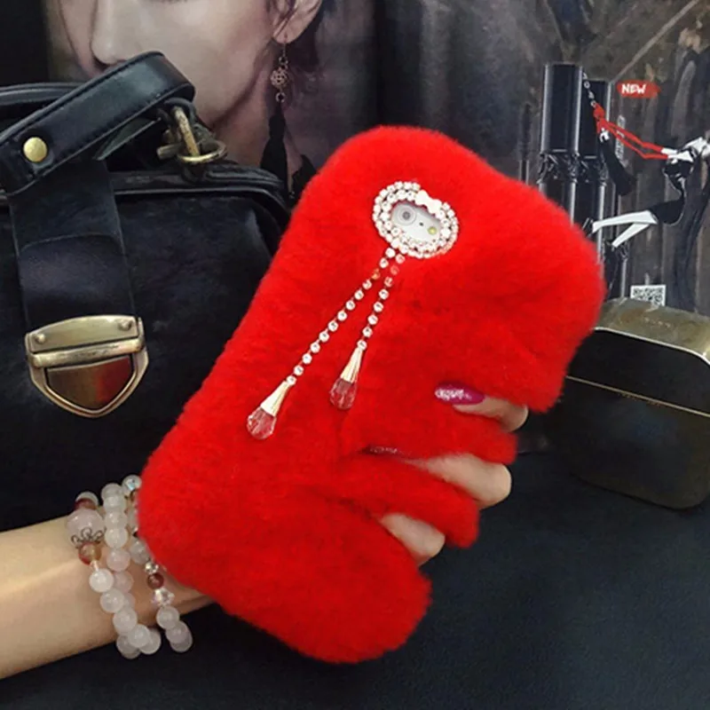 

For Oppo R9 R9 Plus Real Soft Rabbit Fluffy Hairs Capas Para Cute Rhinestone Luxury Celular Bolsa Capa Winter Warm Case