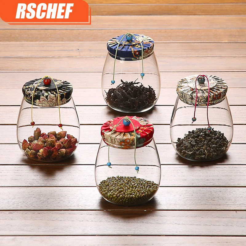 RSCHEF 1 قطع أدوات المطبخ الخشب غطاء شفاف الزجاج الشاي الحبوب تخزين زجاجات