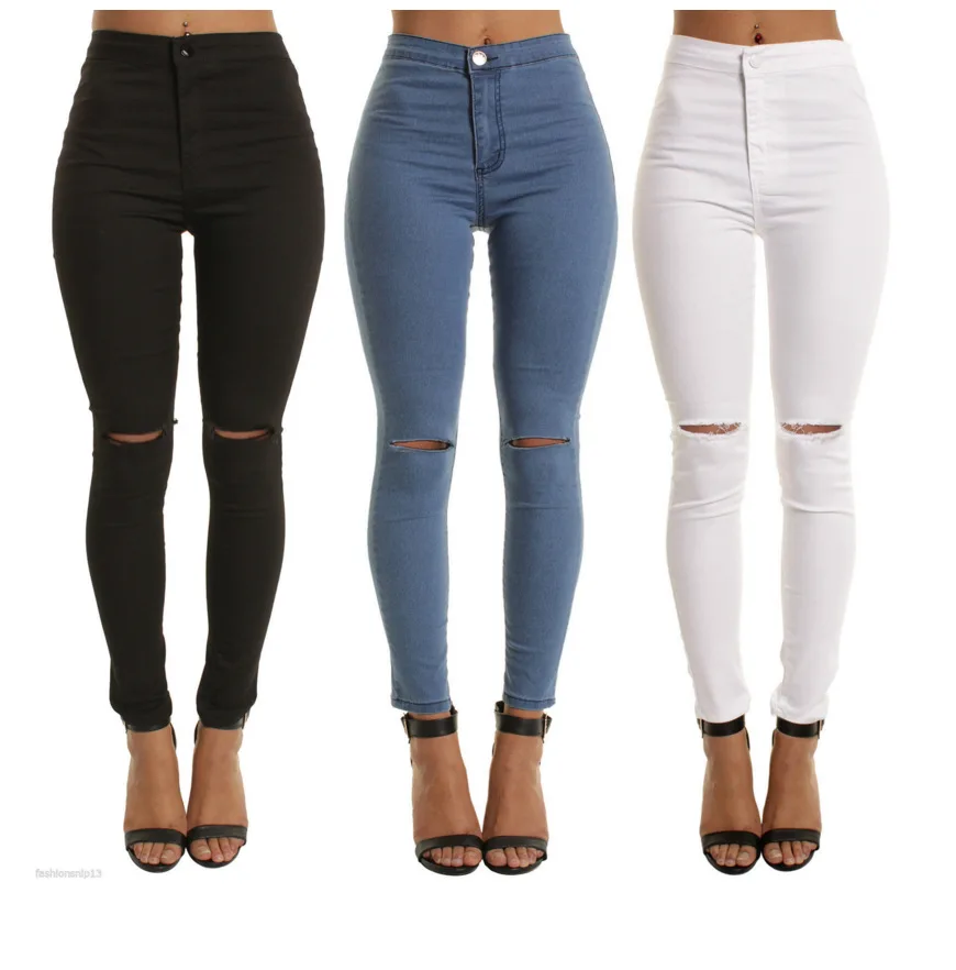 

Europe and The United States Spring and Summer Fashion Leisure Boutique Women's High Waist Tight Broken Hole Slim Wild Jeans