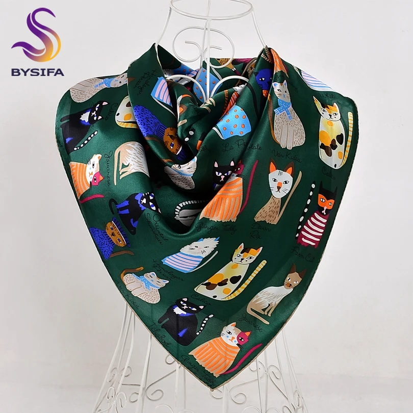 Baratos Bufandas verdes BYSIFA nuevo diseño dibujos animados gatos mujeres niños bufanda de seda cuadrada 90 cm 90 primavera Otoño Invierno bufanda de seda bonita chal