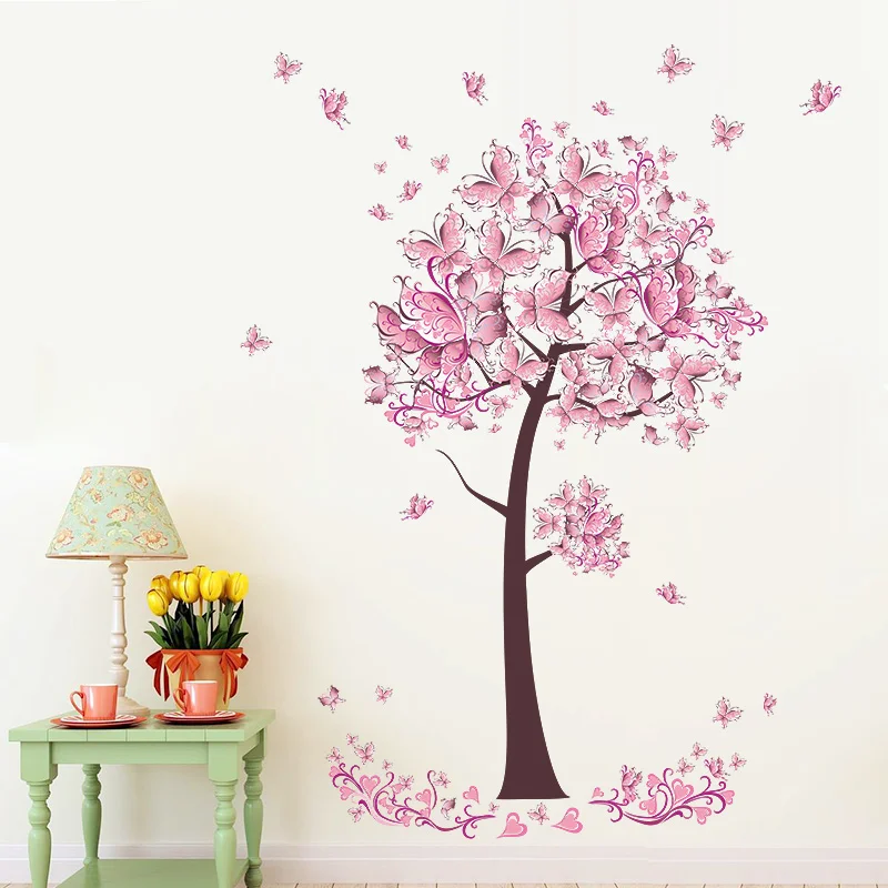 Розовая бабочка цветок дерево наклейки на стену девушки женщины цветок Фреска Виниловые обои для дома Гостиная Спальня Декор