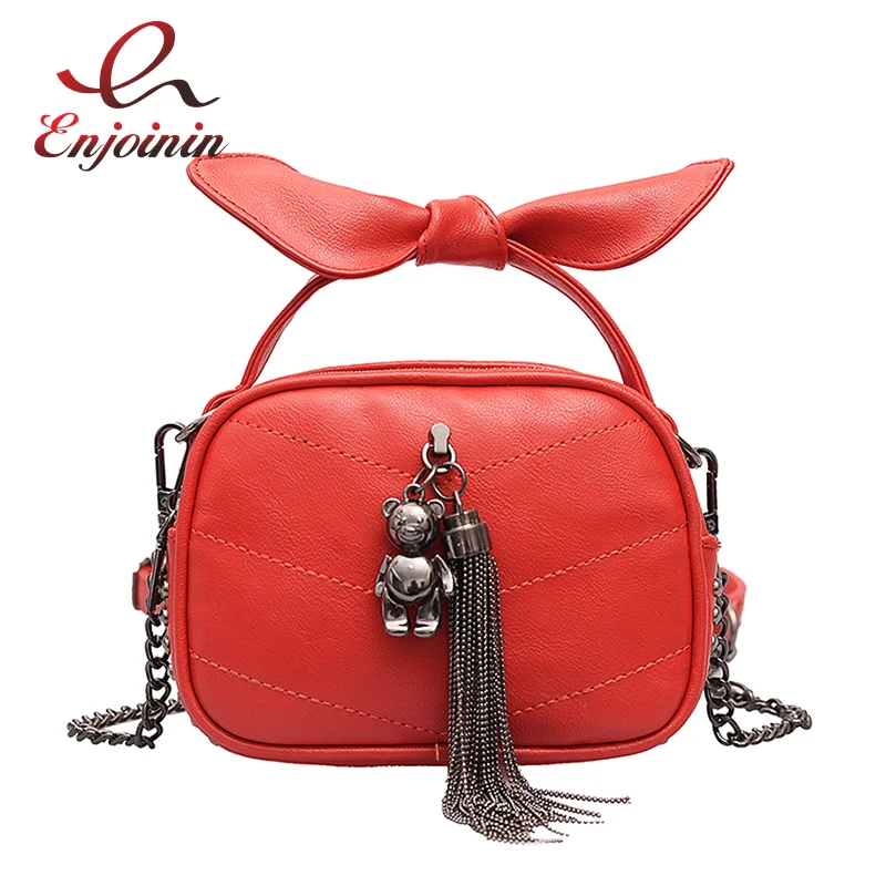 

New Style Tassel Charm Bear Riveted Bow Pu Women Casual Tote Bag Crossbody Mini Messenger Bag Female Bolsa Ladies Handbag Purse