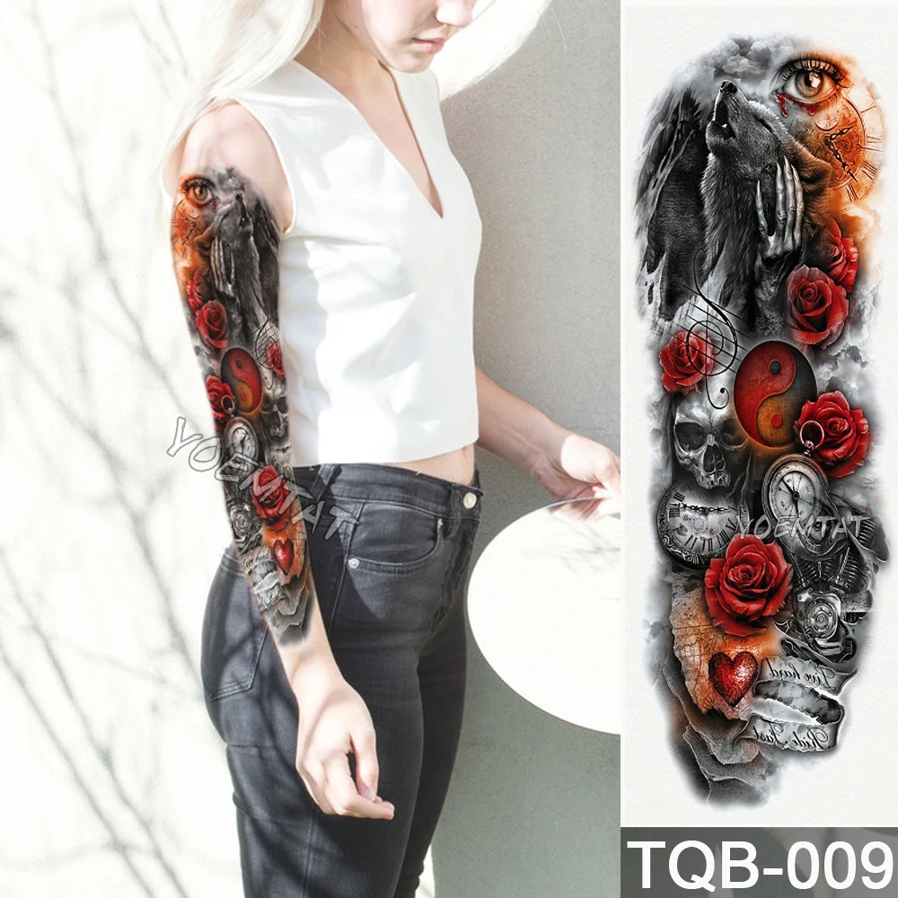 

NEW 48*17cm Full Flower Arm Tattoo Sticker Wolf yin and yang rose clock Temporary Body paint Water Transfer fake Tatoo sleeve