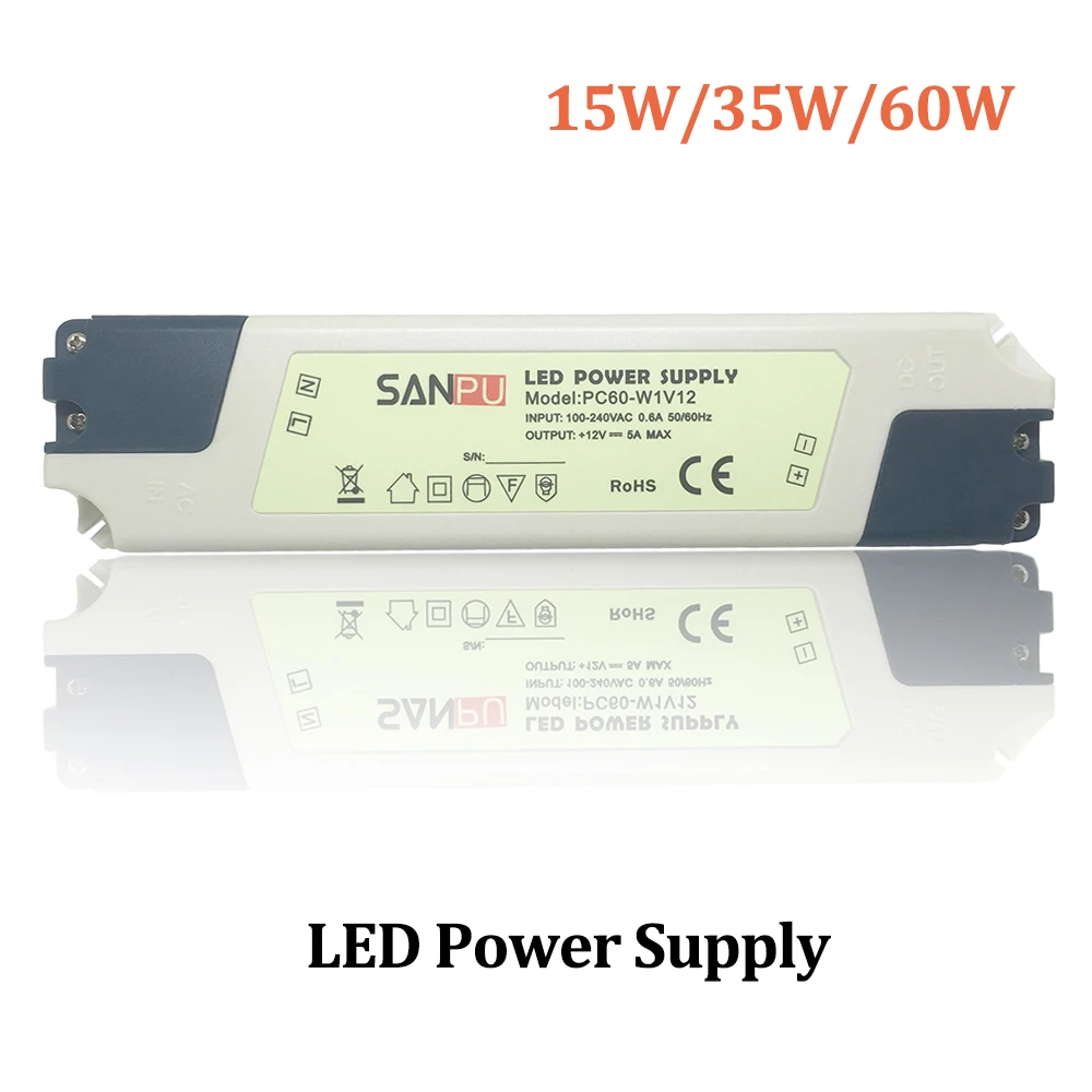 

SANPU LED Lighting Tranformers 15W 35W 60W Input AC110-240V Output DC12V No Waterproof Constant Current LED Power Supply Driver