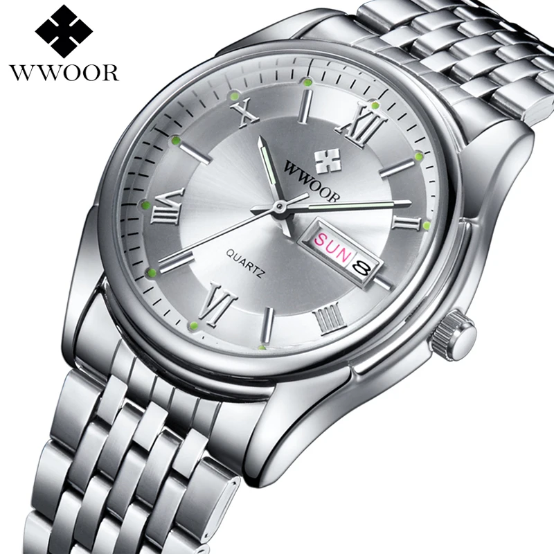

WWOOR Men Luxury Brand Date Watch Quartz Stainless Steel Band Luminous Clock Male Casual Sports Wristwatch relogio masculino