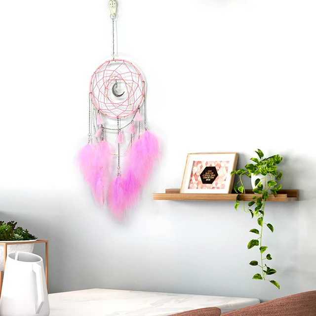 Atrapasueños LED, atrapasueños de plumas hecho a mano, atrapasueños luminoso  para dormitorio, decoración del hogar, colgante de pared, decoración móvil,  regalo para niñas y niños (rosa) Rojo Verde