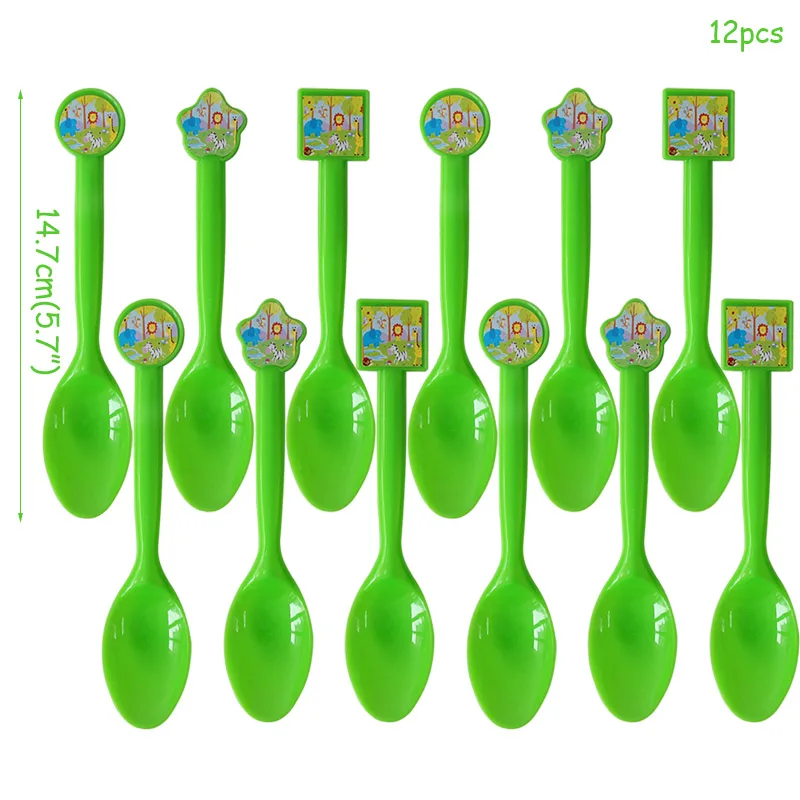 12pcs spoon Джунгли вечерние друзья животных набор воздушных шаров Декор сафари вечерние одноразовые набор столовых приборов мальчик бумажная тарелка на день рождения чашки торт топперы - Цвет: 12pcs spoon