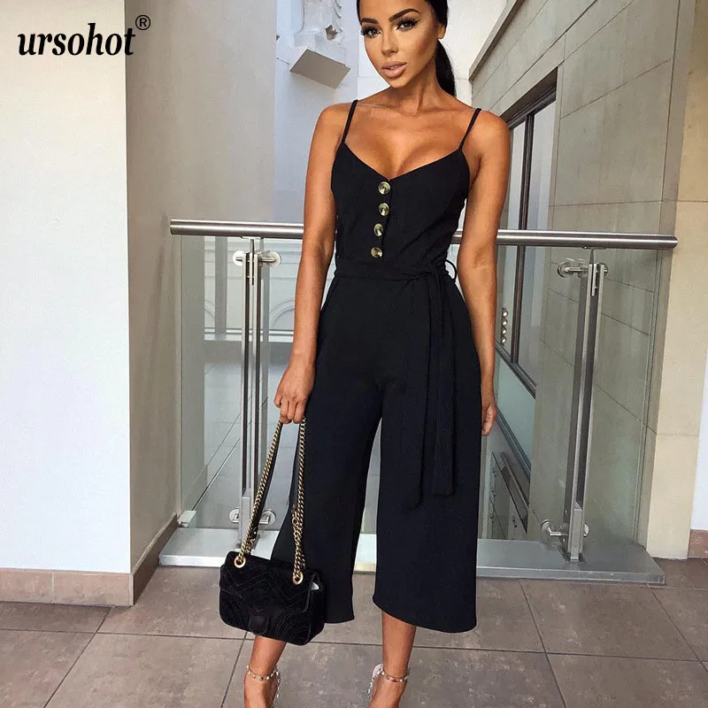 

Ursohot Spaghetti Strap Button Jumpsuit Lace Up V Neck Long Playsuit Solid Straight Rompers Summer Sleeveless Overalls For Women
