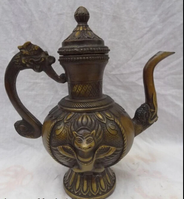 

JP S0608 10" Chinese Bronze Buddhism Dragon Head Statue Redpoll Buddha Teapot Wine Pot