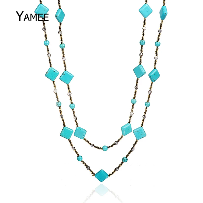 

Fashion Square Blue Glued Turquoises Beads Long Chain Sweater Necklace Natural Gem Stone Bead Strands Charm Jewelry For Women