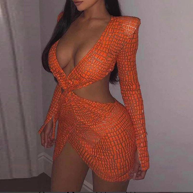 

2019 Newest Fashion Summer PU Dress Nylon Oranger Hollow Out Dress Sexy V Neck Long Sleeve Mini Party Dress Vestidos Wholesale