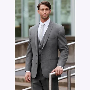 

2018 Custom Made Groom Tuxedo Gray mens suits Peaked Lapel Best man Groomsman Men Wedding Prom Business Suit Jacket+Pant+vest