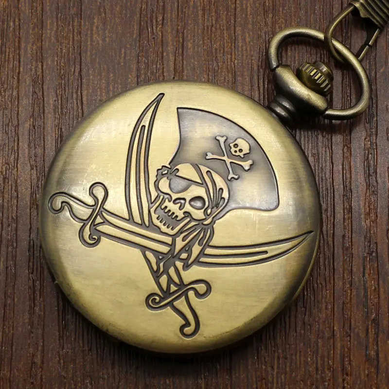 Бронзовая кварцевые карманные часы классический Пираты Карибского моря череп прохладный Fob часы Сеть кулон рождественские подарки
