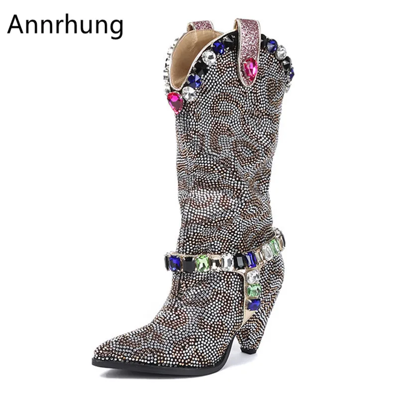 

Colourful Rhinestone Jewelled Mid-Calf Boots Women Slip On Pointed Toe Spike High Heels Metal Crystal Belt Decor Booties
