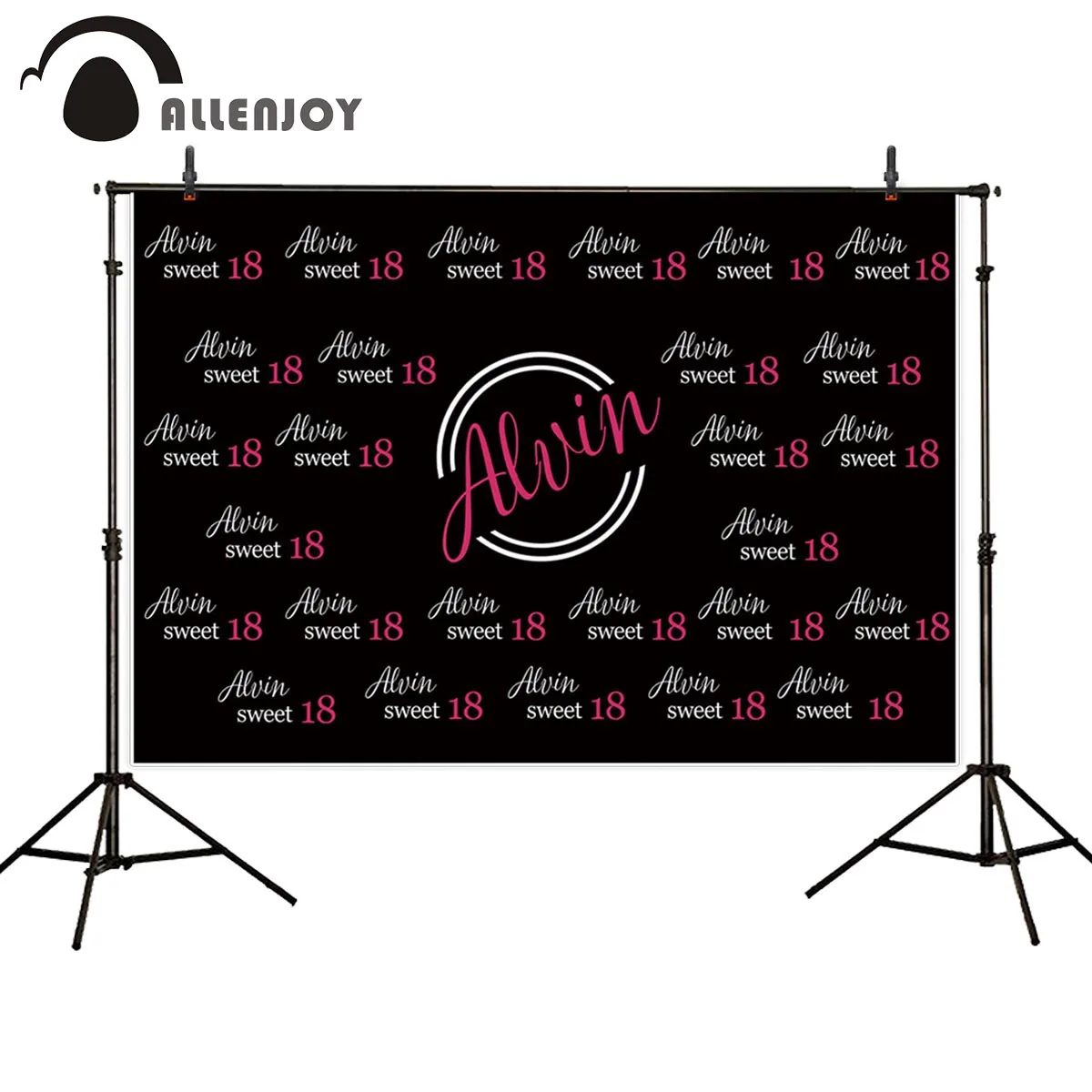 

Allenjoy photography background sweet 18 birthday party customize name repeat photophone black backdrops photo photocall