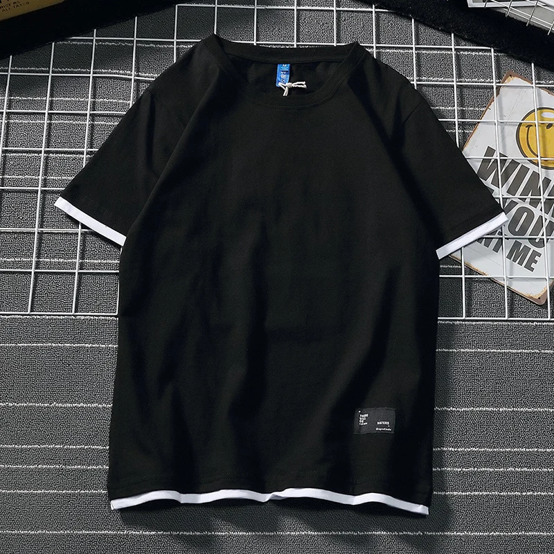 

wnl564 Korean version of the fresh fake two t-shirt men and short-sleeved shirt cotton loose large size youth clothing