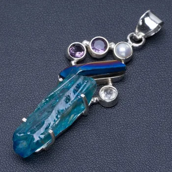 

Natural Blue Aura Quartz,Amethyst,White Topaz&River Pearl 925 Sterling Silver Pendant 2 1/2" Q0970