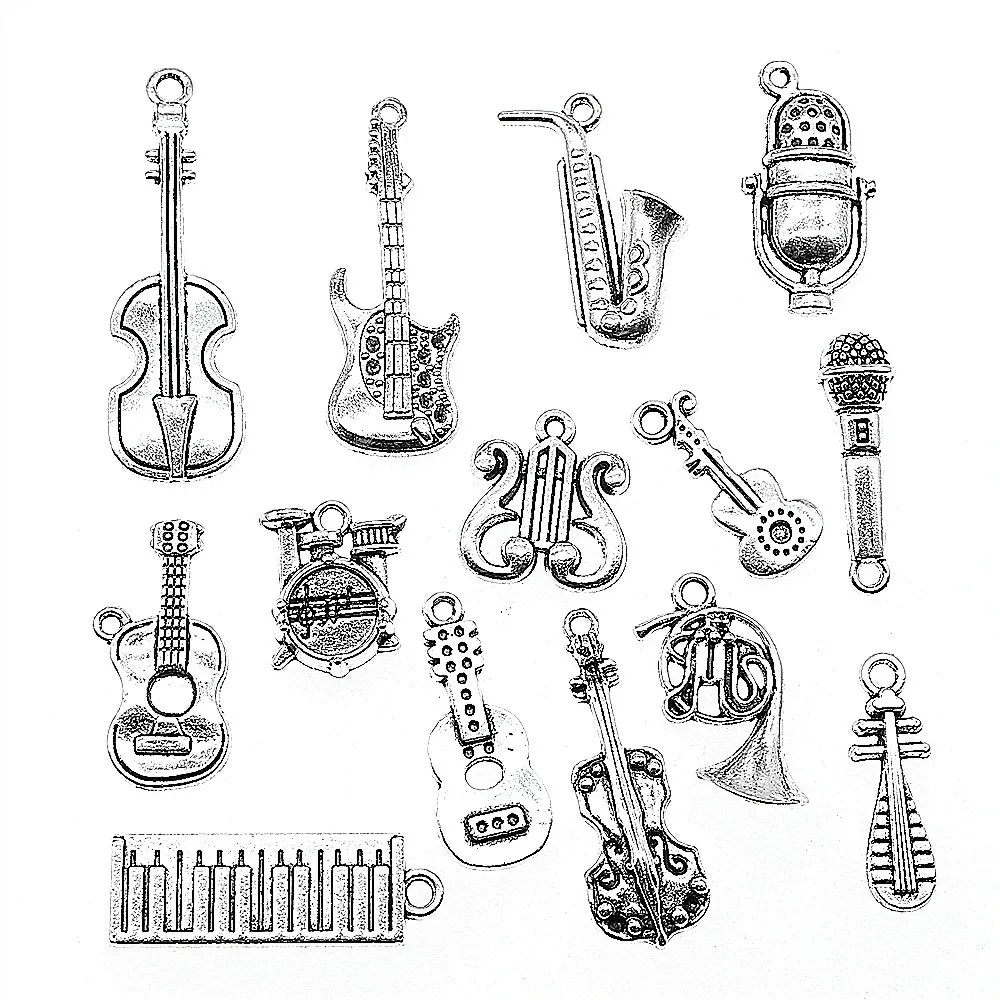 10 шт микс музыкальный инструмент Шарм для изготовления ювелирных изделий Шарм в античном стиле Серебряный цвет гитара Микрофон скрипка французский Рог Шарм