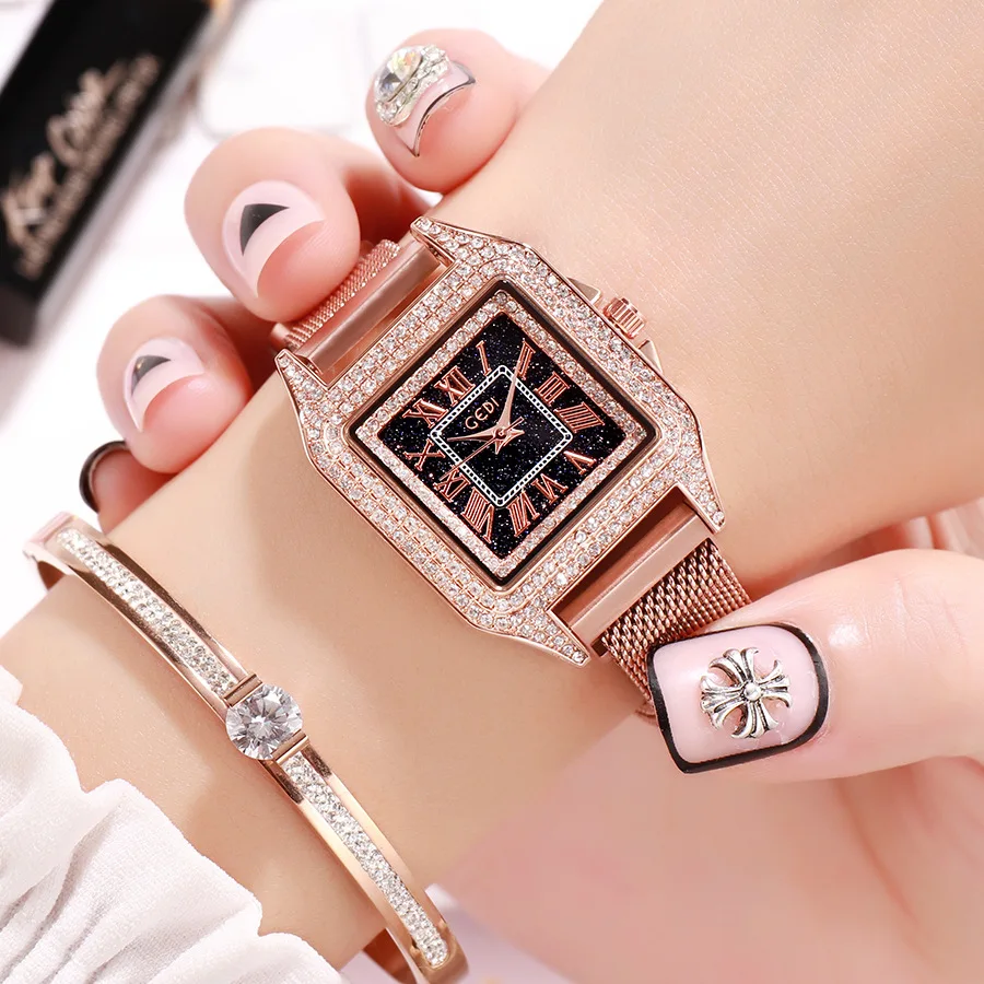 

GEDI square retro women watches full rhinestone diamond ladies elegant wristwatch luxury exquisite dress trendy quartz watches
