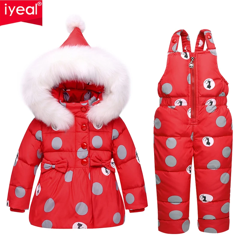 IYEAL Winter Children's Clothing Girls Warm Hooded Duck Down Jacket Coats + Overalls Waterproof Snowsuit Kids Baby Clothes