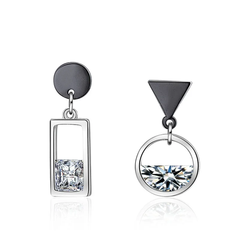 

925 Sterling Silver Clear Cryst Round Square Geometry Asymmetry Stud Earrings For Girls Female Simple Earrings Jewelry