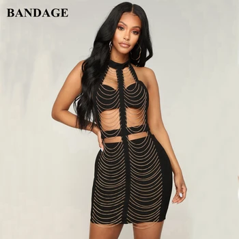 

LEGER BABE New Chic Summer Women Boutiques Sexy Black White Bandage Vestidos Halter Metal Chain Detailed Cutout Bodycon Dresses