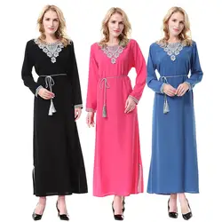 Одежда мусульманское платье с длинными рукавами abayas для Для женщин Кафтан Дубай Исламская Костюмы одноцветное Цвет кружевное вечернее