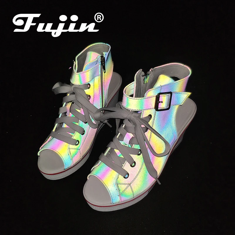 

Fujin Reflective Women Sandals Dropshipping Spring and Summer Slope Heel Recreational Side Zipper Thick-soled Fishmouth Shoes