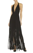 New Dress Black Deep V-Neck Tassel Slim Stretch Sexy nightclub maxi dress Bandage dress (L682)