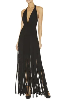 

New Dress Black Deep V-Neck Tassel Slim Stretch Sexy nightclub maxi dress Bandage dress (L682)