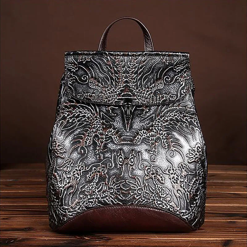 Высококачественный Женский рюкзак из натуральной кожи, школьный рюкзак, винтажный Национальный стиль, женский рюкзак с тиснением для путешествий - Цвет: Silver Coffee