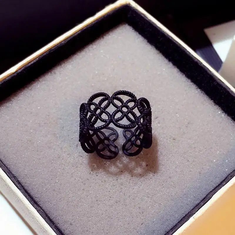 

2019 New Flower Black Rings For Women Korean Jewelry Adjustable Open Ring Wide Statement Bijoux