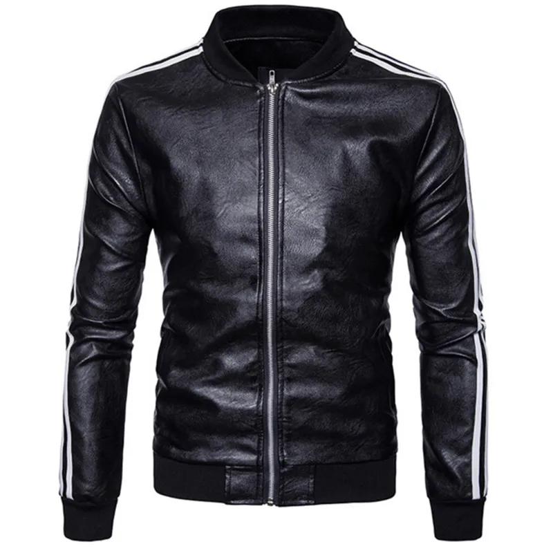

Luxury Brand Men's PU Leather Jacket Coat Sport Style Striped Design Simple Autumn Winter Basic Jacket Coat Waterproof Male Top