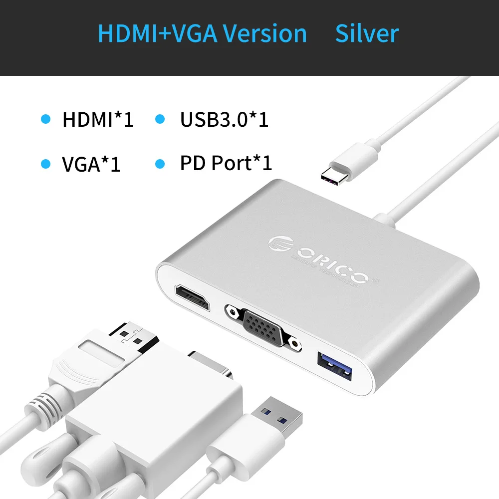 ORICO usb-хаб USB C к HDMI RJ45 VGA type-C PD адаптер для Mac/samsung Galaxy/huawei type C USB 3," концентратор - Цвет: RCHV-Silver