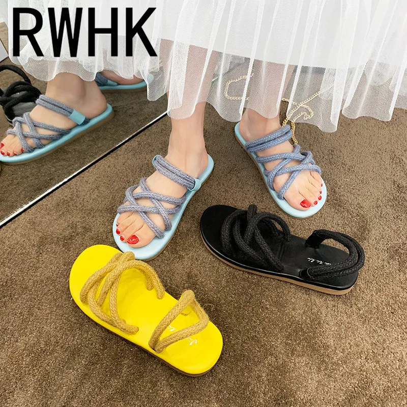 

RWHK Straw hemp rope sandals female 2019 summer new Korean version wearing flat bottom two-wear beach sandals B106