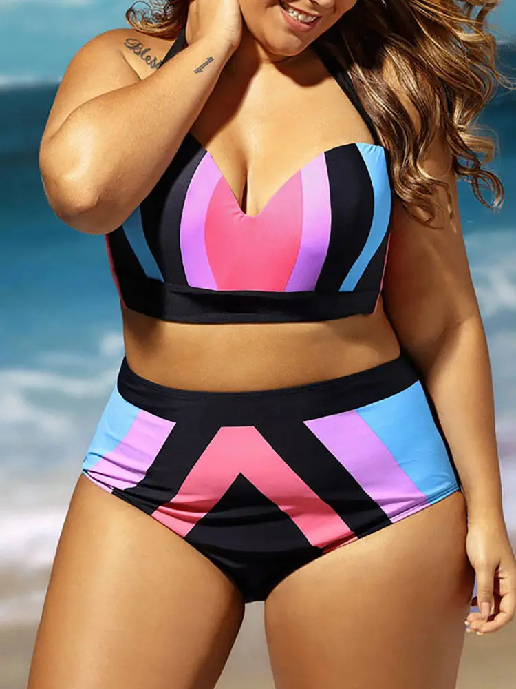 Plus Size Women High Waist Bikini Set Rainbow Stripe